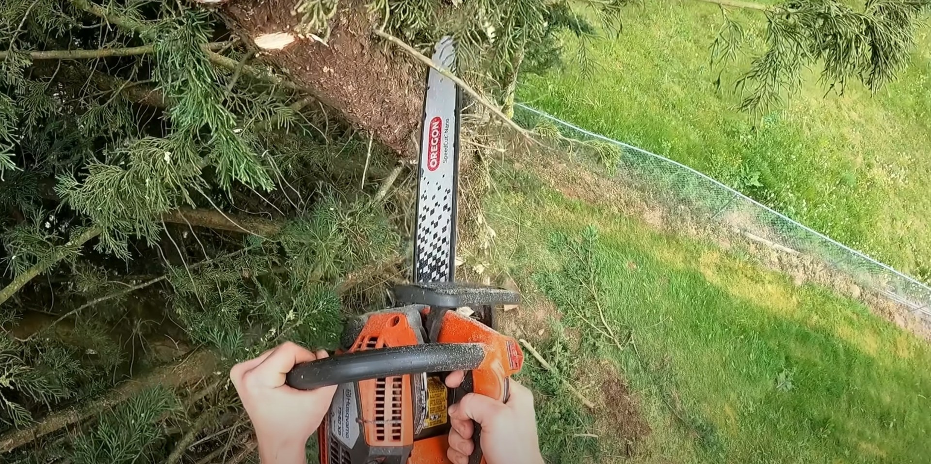 Expert shrub and hedge trimming with professional equipment Professional chainsaw being used for precise shrub and hedge trimming